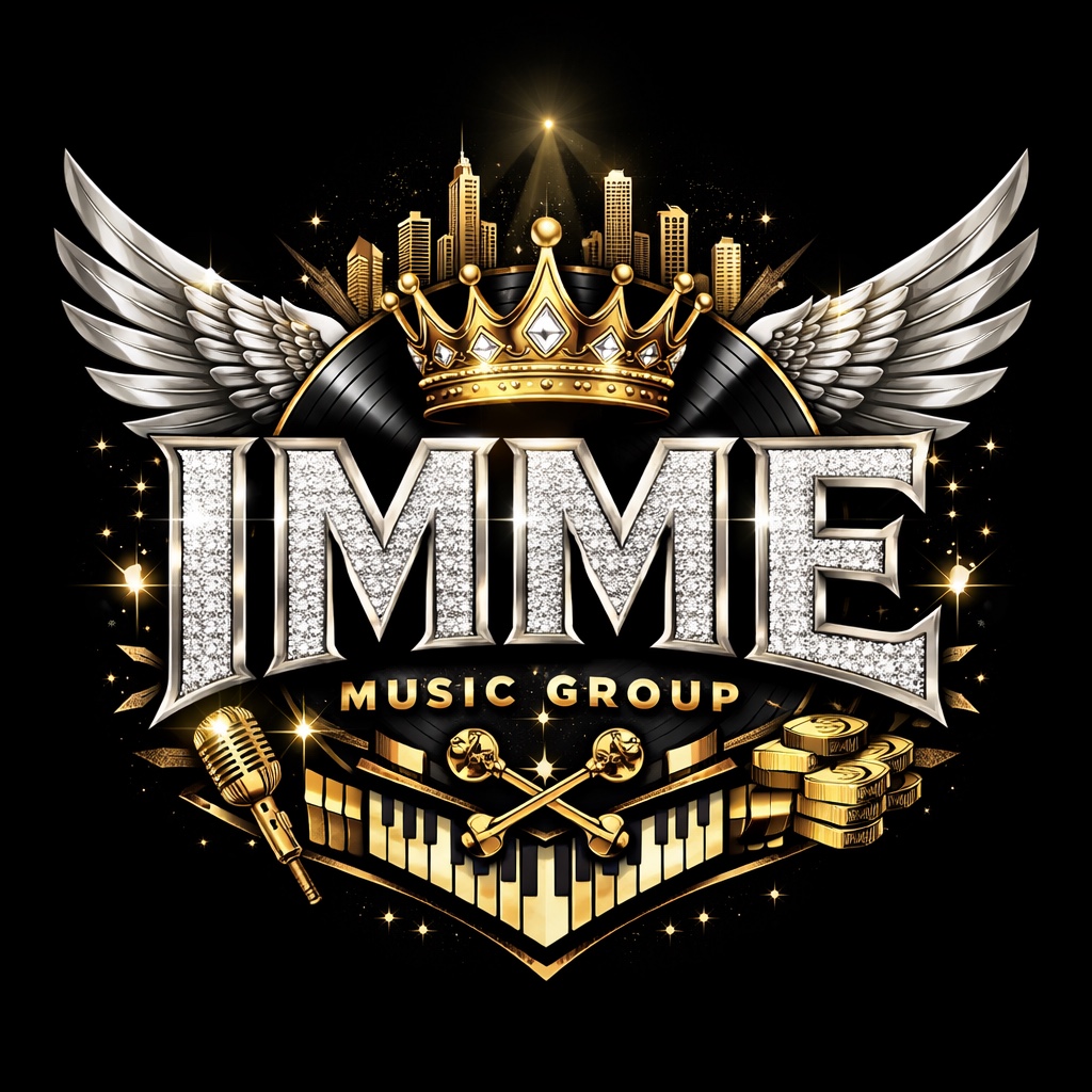 IMME Music Group crest logo with crown, wings, and diamond typography